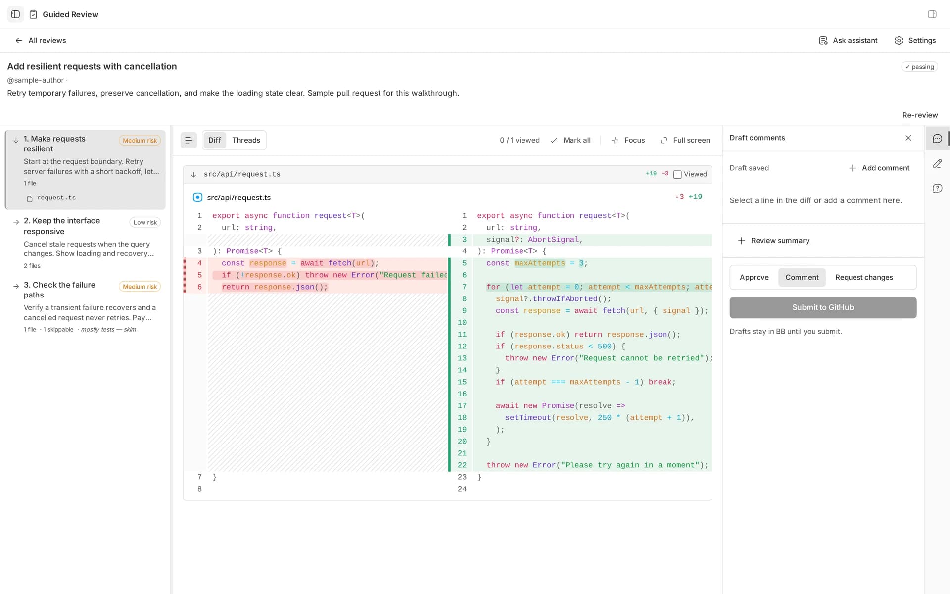 Guided Review with chapters and a code diff beside a sample pull request.