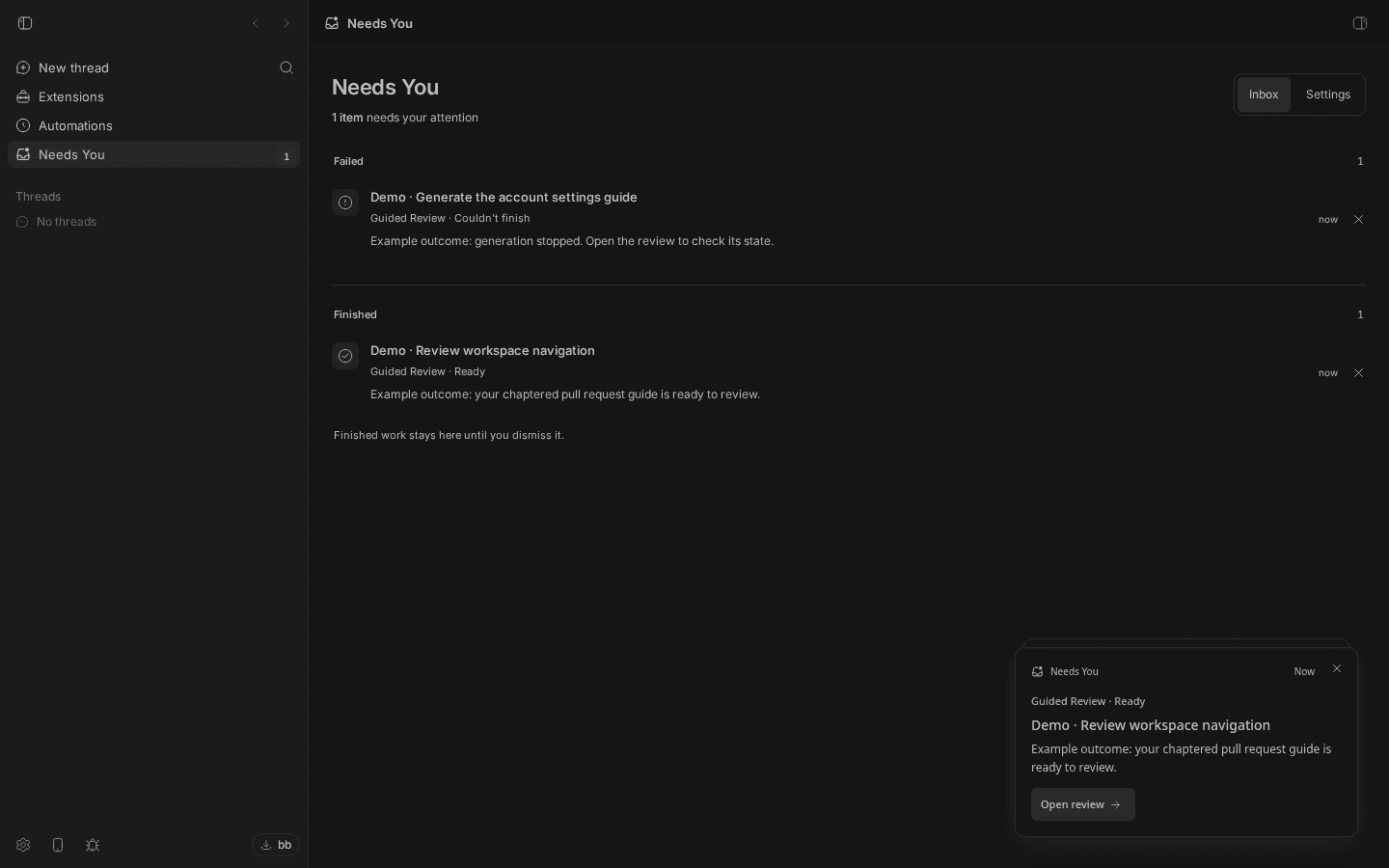 Needs You showing a failed guide, a finished review and a dismissible notification, using demo activity.